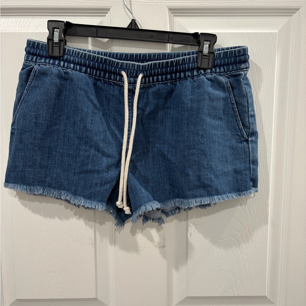 aerie Blue Denim Drawstring Frayed Hem Shorts